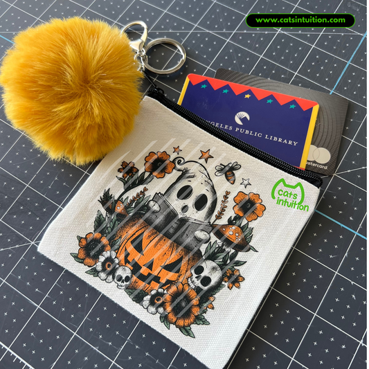 Bookish Ghost – Coin/Card Pouch Keychain w/ Yellow Pompom