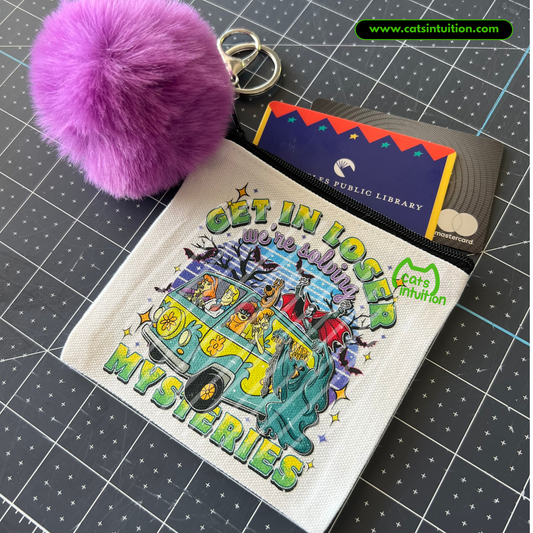Solving Mysteries – Coin/Card Pouch Keychain w/ Purple Pompom