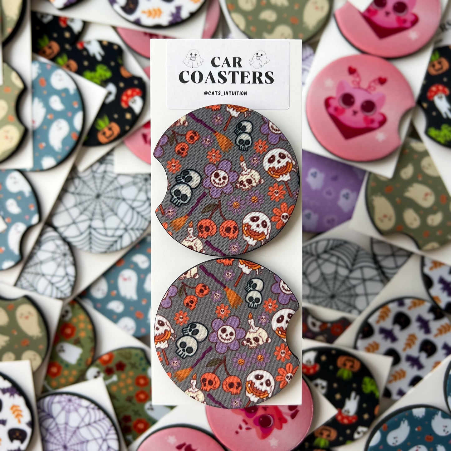 Skulls and Flowers - Car Coasters (Gray)