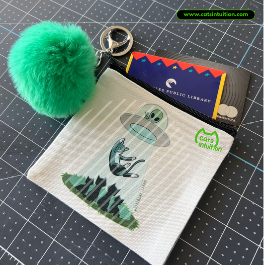 Cat Abduction – Coin/Card Pouch Keychain w/ Green Pompom