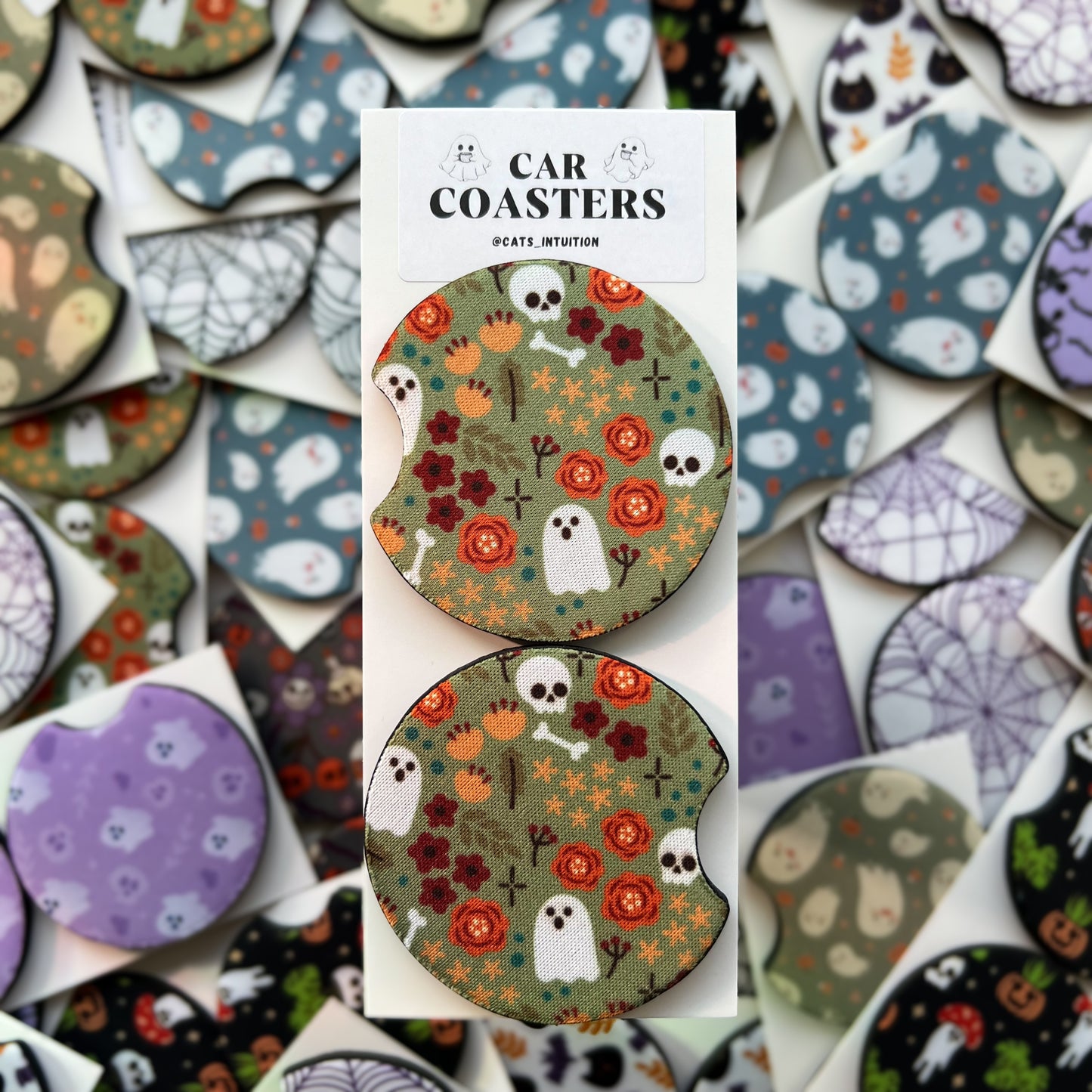 Ghosts, Flowers, and Skulls - Car Coasters (Green)