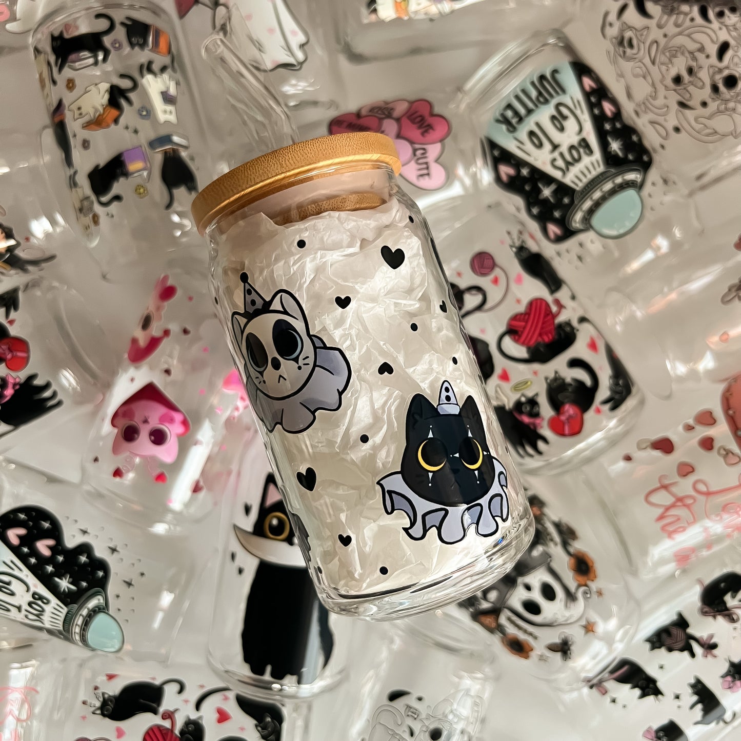 Clown Kitties (Dark) - 16oz Cup with Clear Straw and Bamboo Lid