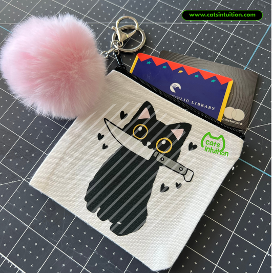 Cat Knife – Coin/Card Pouch Keychain w/ Pink Pompom