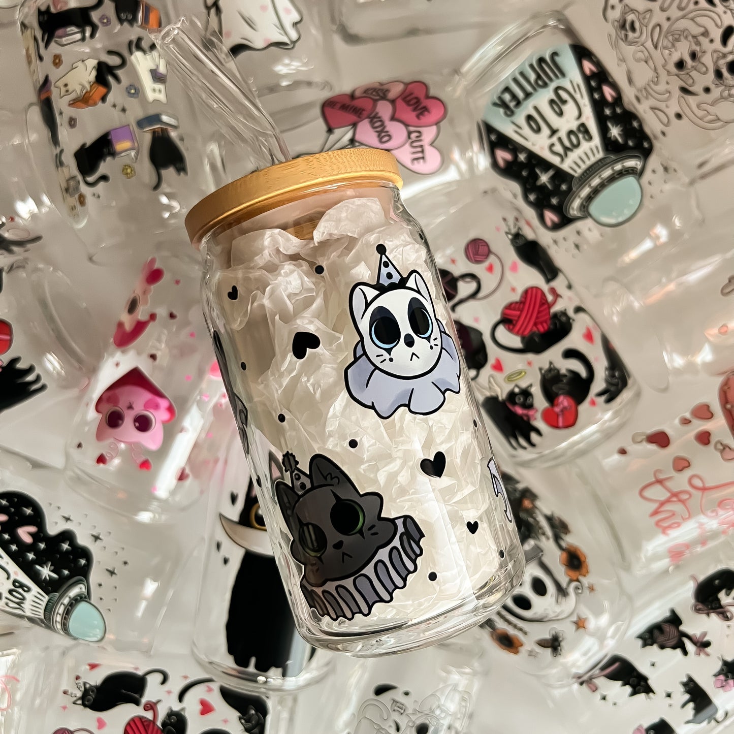 Clown Kitties (Dark) - 16oz Cup with Clear Straw and Bamboo Lid