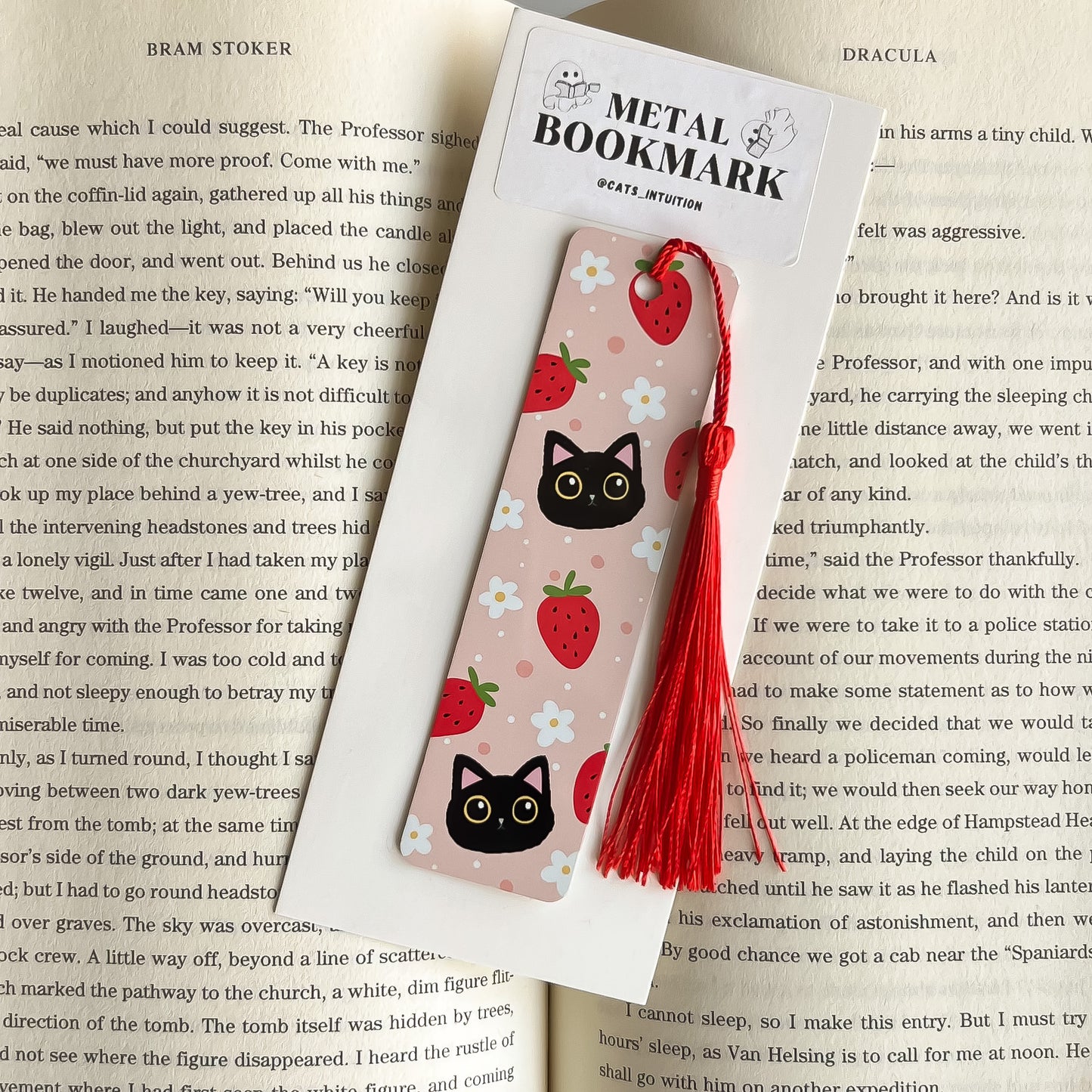 Black Cats and Strawberries (Pink) - Metal Bookmark