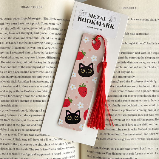 Black Cats and Strawberries (Pink) - Metal Bookmark