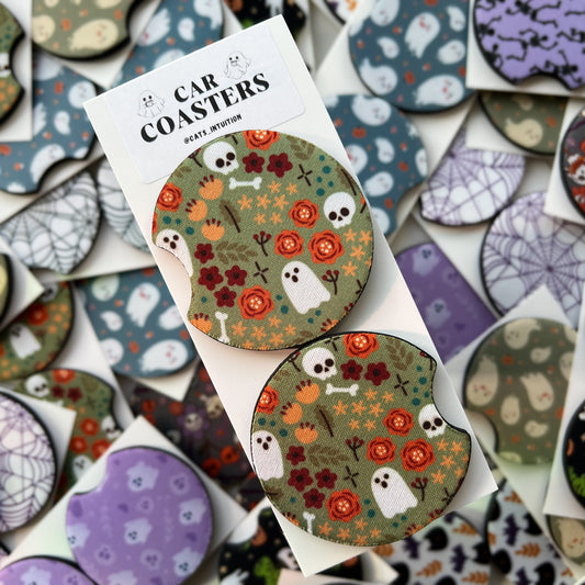 Ghosts, Flowers, and Skulls - Car Coasters (Green)