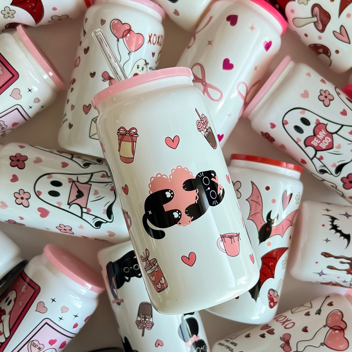 Coquette Cats & Coffee - Glass Cup (Includes pink lid and plastic straw)