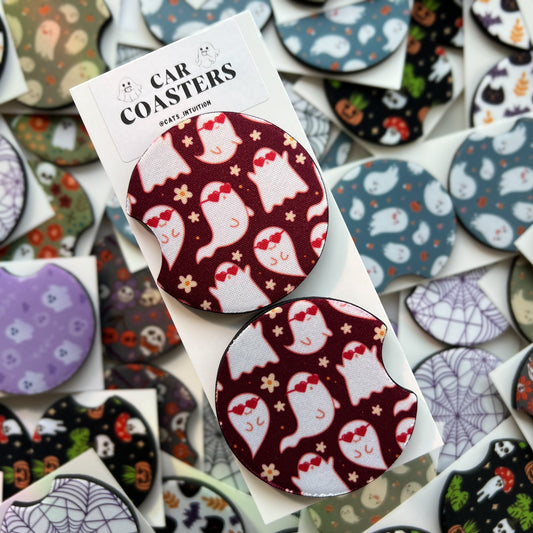 Ghosts with Heart Sunglasses - Car Coasters (Burgundy)