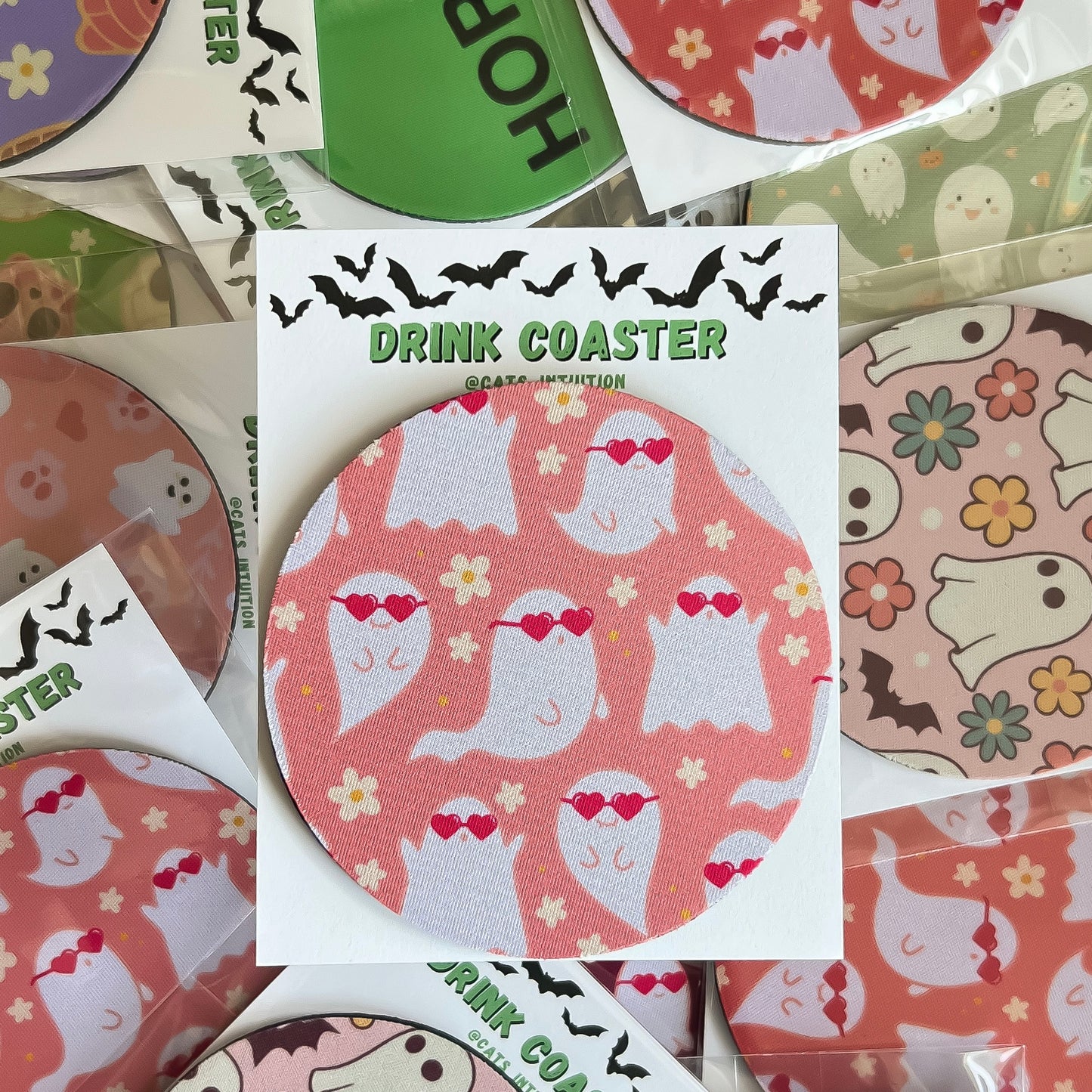 Ghosts with Sunnies (Pink) - Drink Coaster
