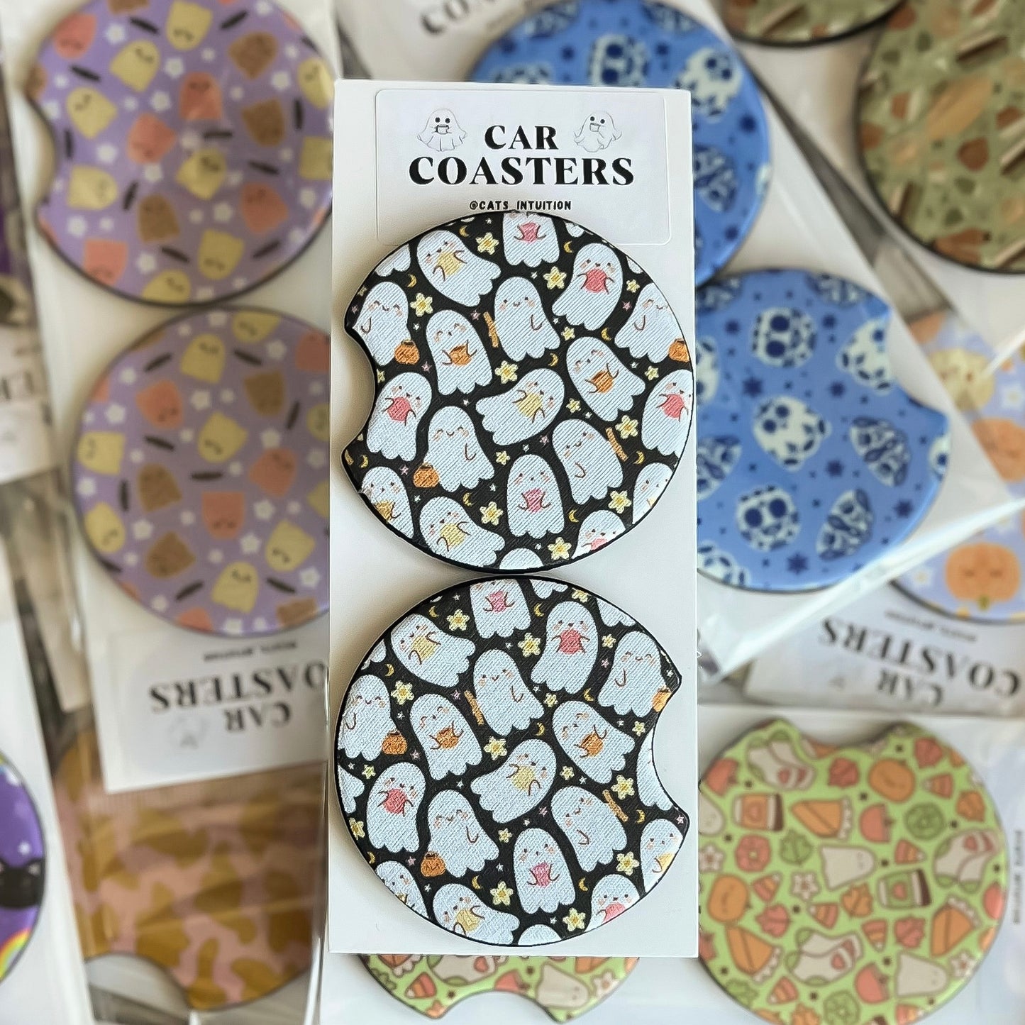 Cafe y Pan Dulce Ghosts - Car Coasters (Black)