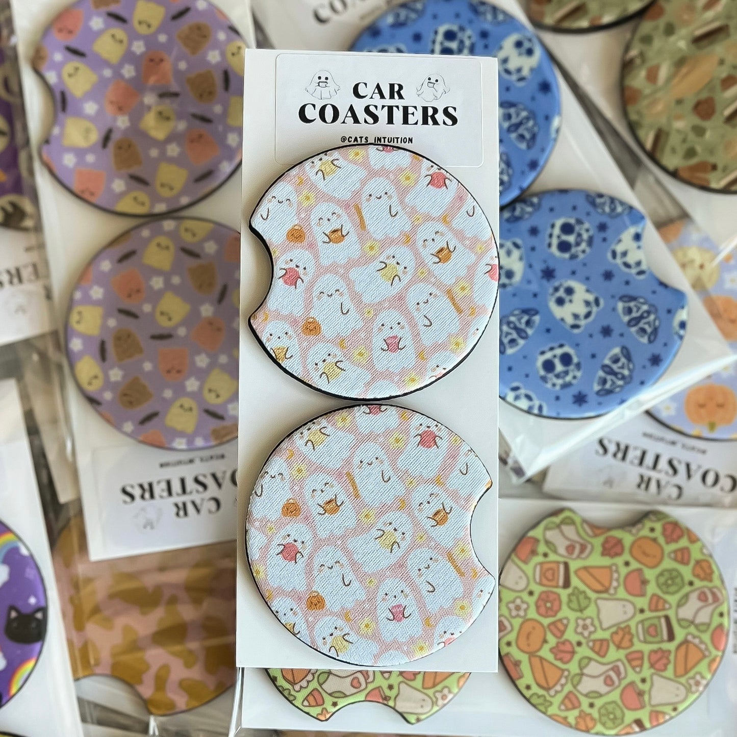 Cafe y Pan Dulce Ghosts - Car Coasters (Pink)
