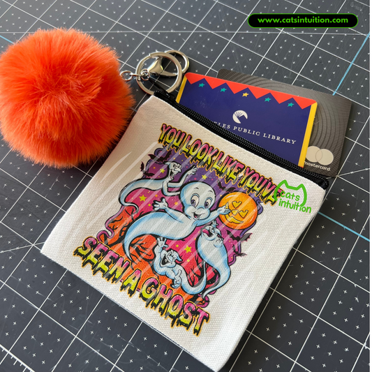Friendly Ghost – Coin/Card Pouch Keychain w/ Orange Pompom