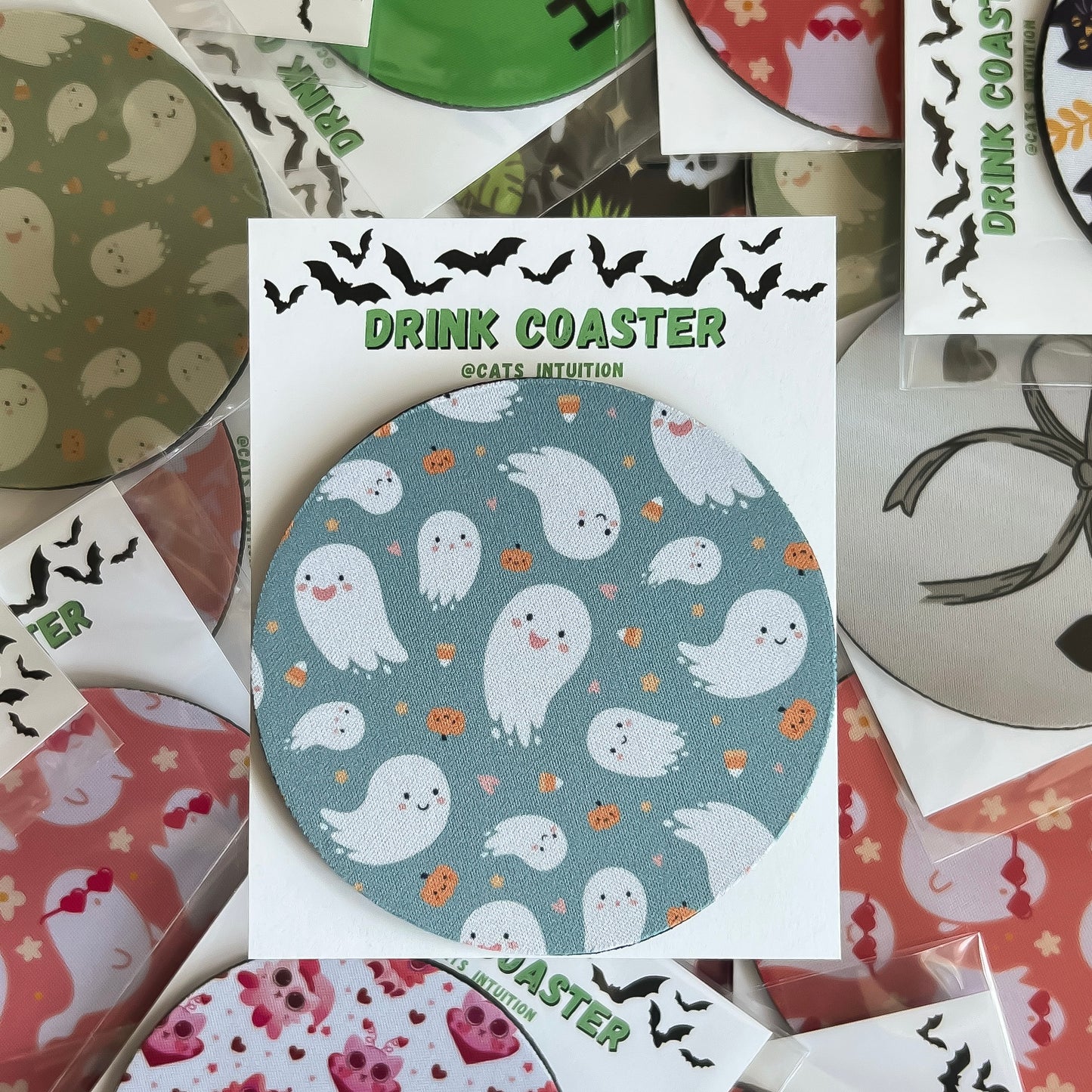 Cute Spring Ghosts (blue) - Drink Coaster