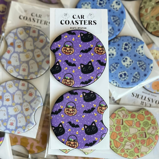 Black Cats and Candy Corn - Car Coasters (Purple)