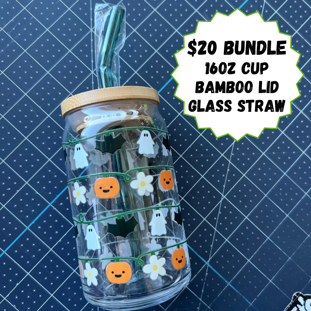 Spooky String Lights - 16oz Cup with Green Glass Straw and Bamboo Lid ($20 Bundle)