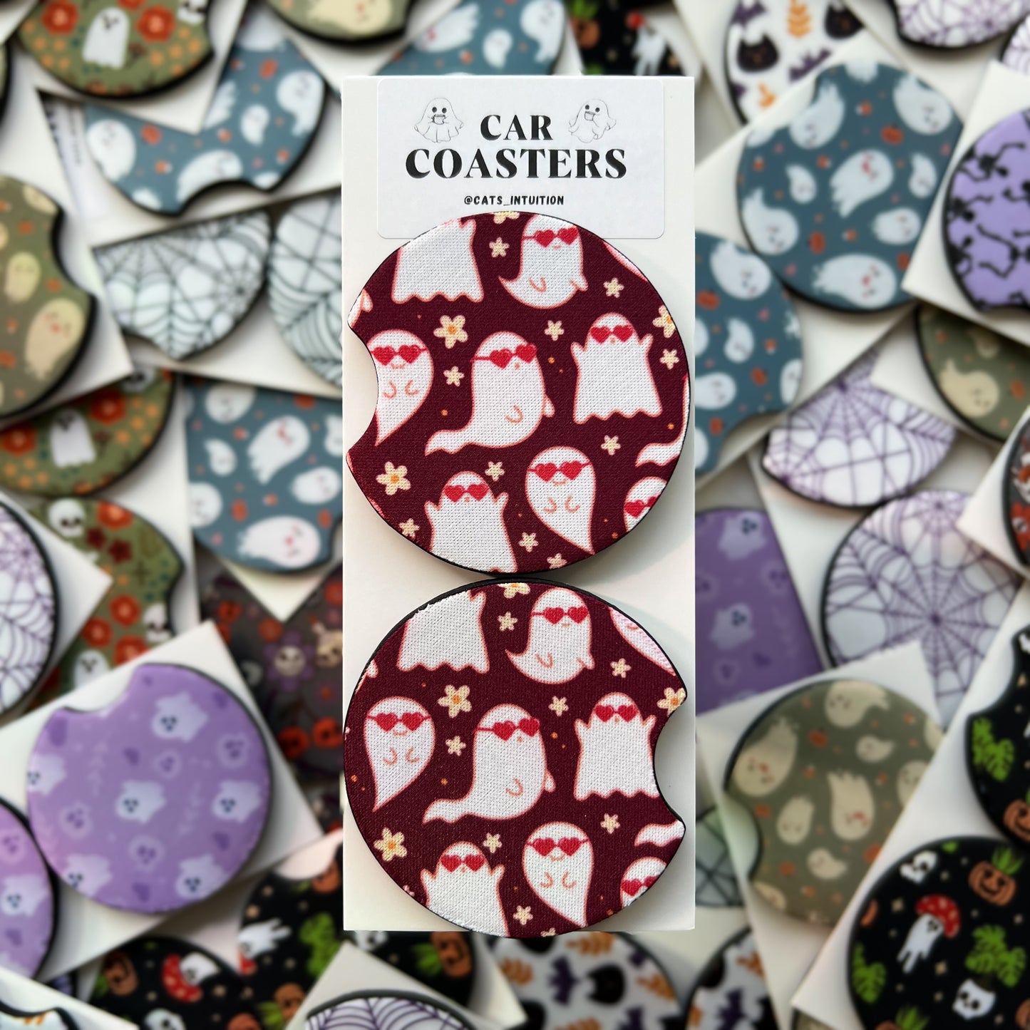 Ghosts with Heart Sunglasses - Car Coasters (Burgundy)