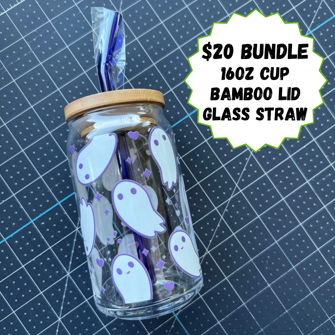 Cute Ghosts and Purple Hearts - 16oz Cup with Dark Blue Straw and Bamboo Lid ($20 Bundle)