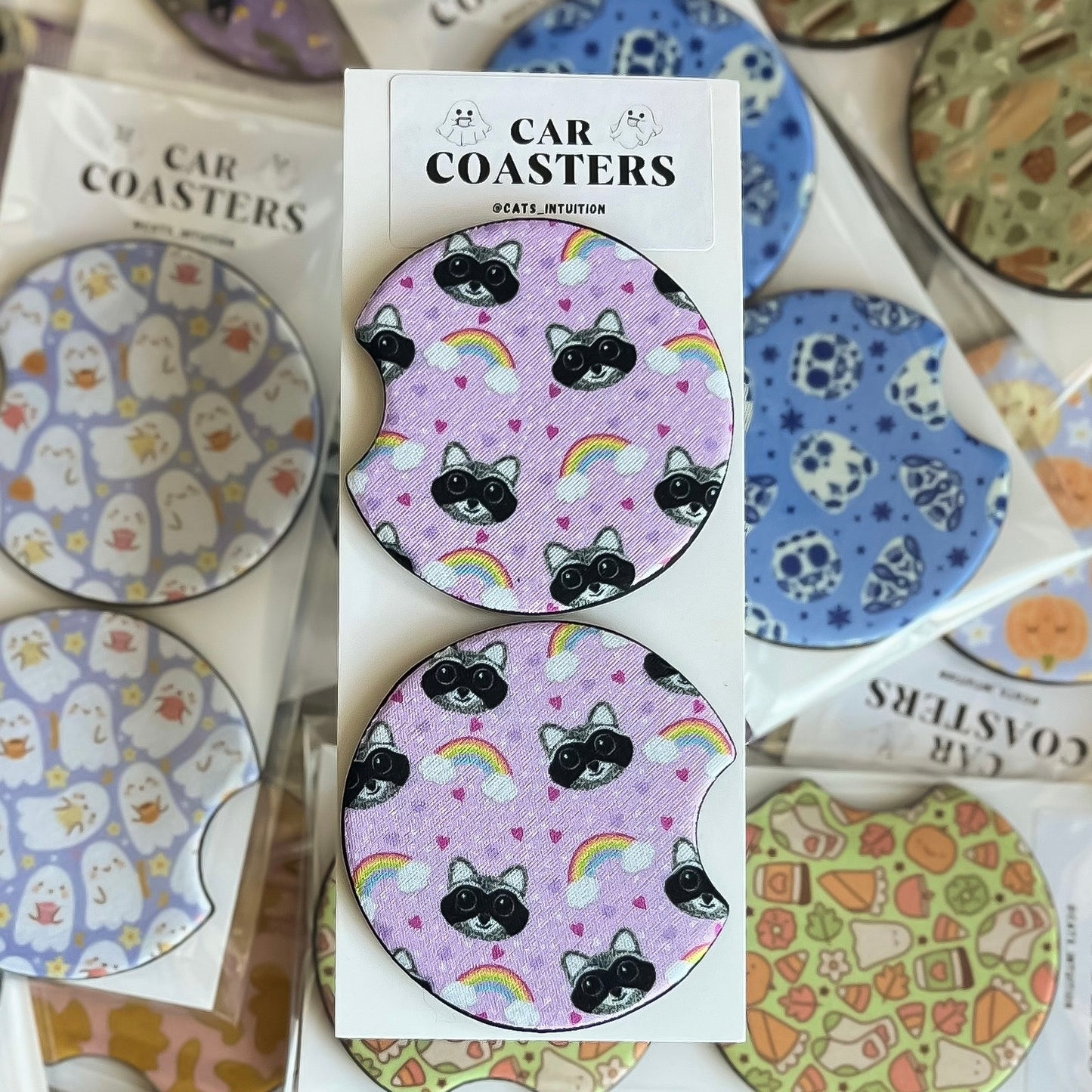 Raccoons and Rainbows - Car Coasters (Pink)