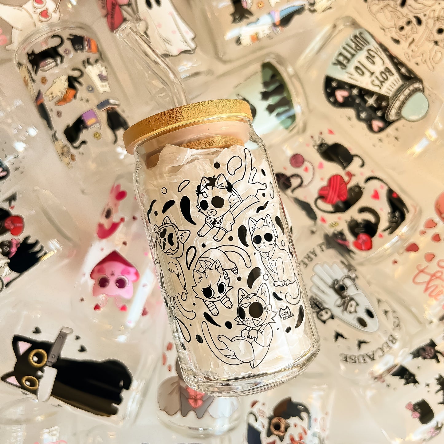 Horror Kitties (outline) - 16oz Cup with Clear Straw and Bamboo Lid