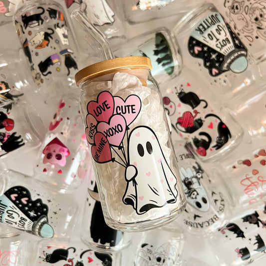 Valentines Day Ghost with Balloons - 16oz Cup with Clear Straw and Bamboo Lid