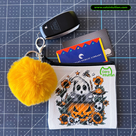 Bookish Ghost – Coin/Card Pouch Keychain w/ Yellow Pompom