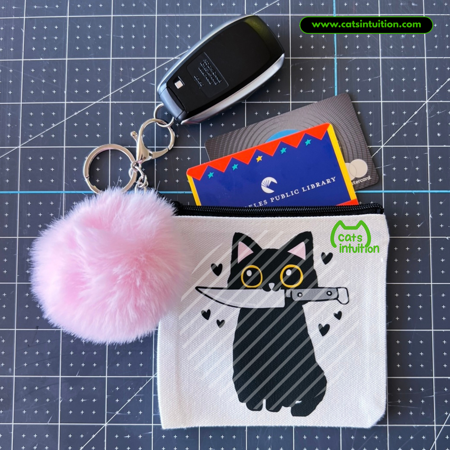 Cat Knife – Coin/Card Pouch Keychain w/ Pink Pompom