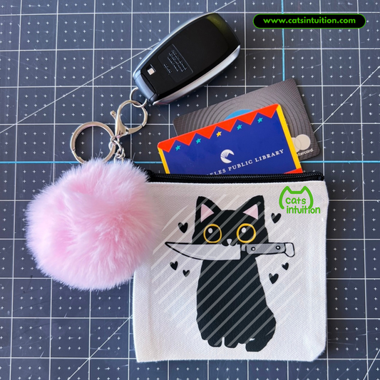 Cat Knife – Coin/Card Pouch Keychain w/ Pink Pompom
