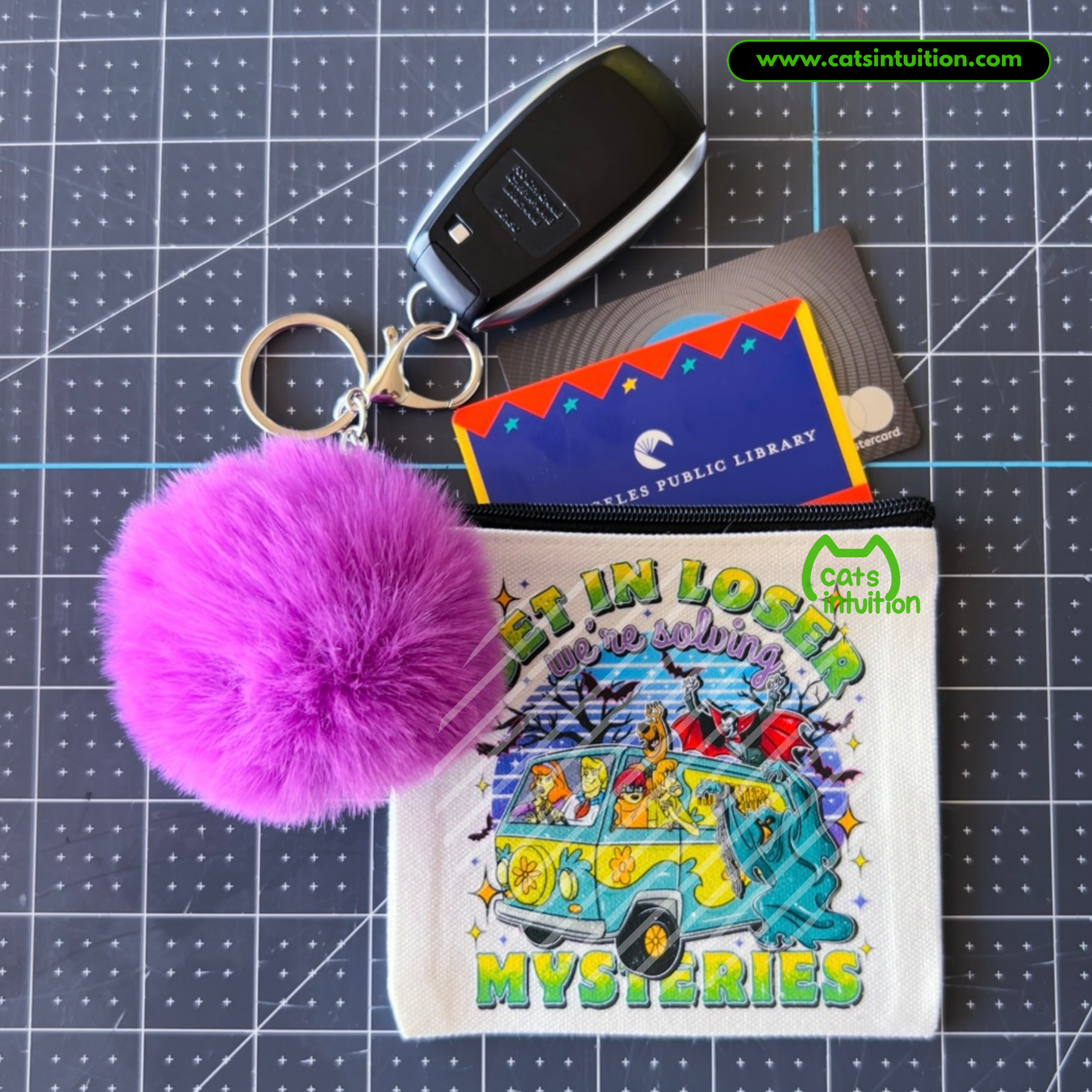 Solving Mysteries – Coin/Card Pouch Keychain w/ Purple Pompom