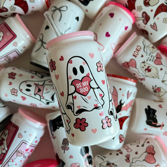 Valentine’s Day Ghosts - Glass Cup (Includes pink lid and plastic straw)