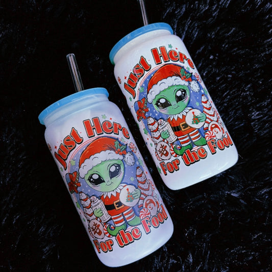 Holiday Alien - Glass Cup (Includes green lid and plastic straw)