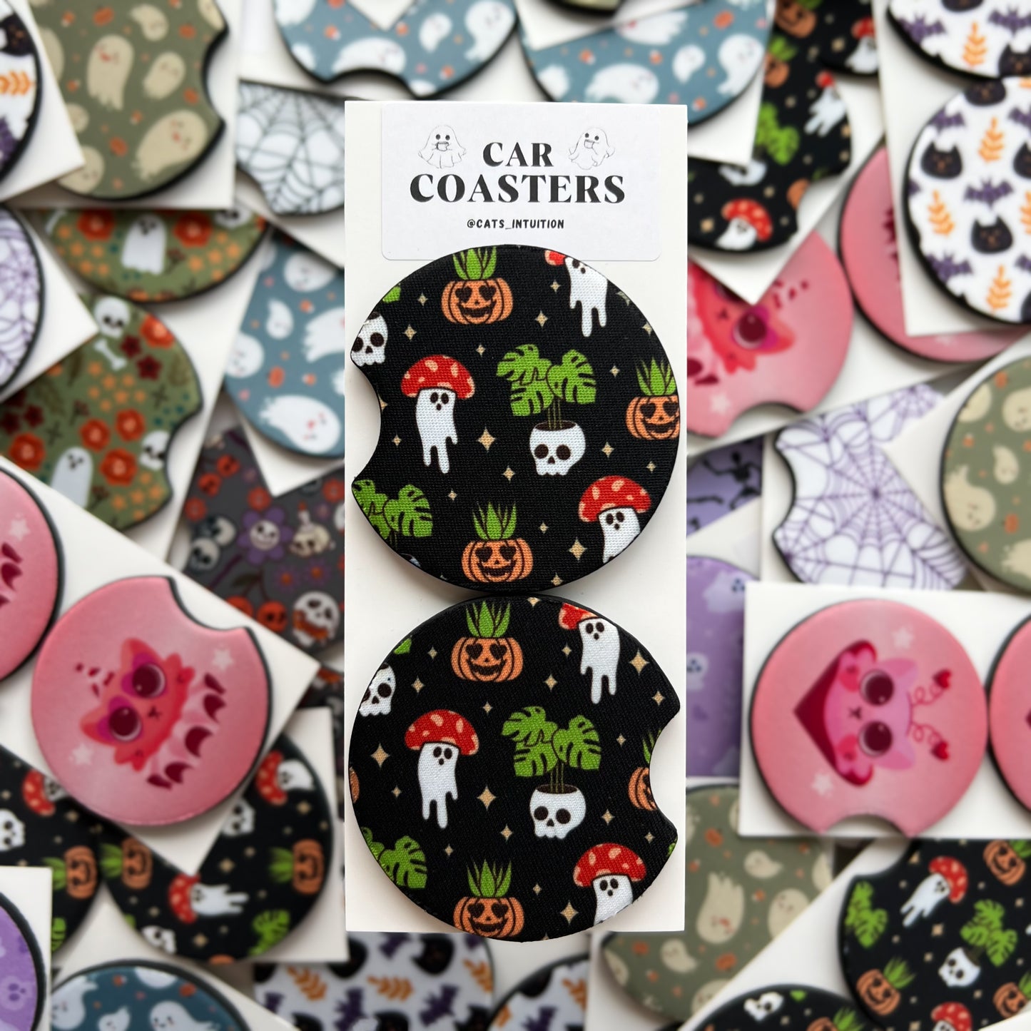 Plants and Mushroom Ghosts - Car Coasters (Black)