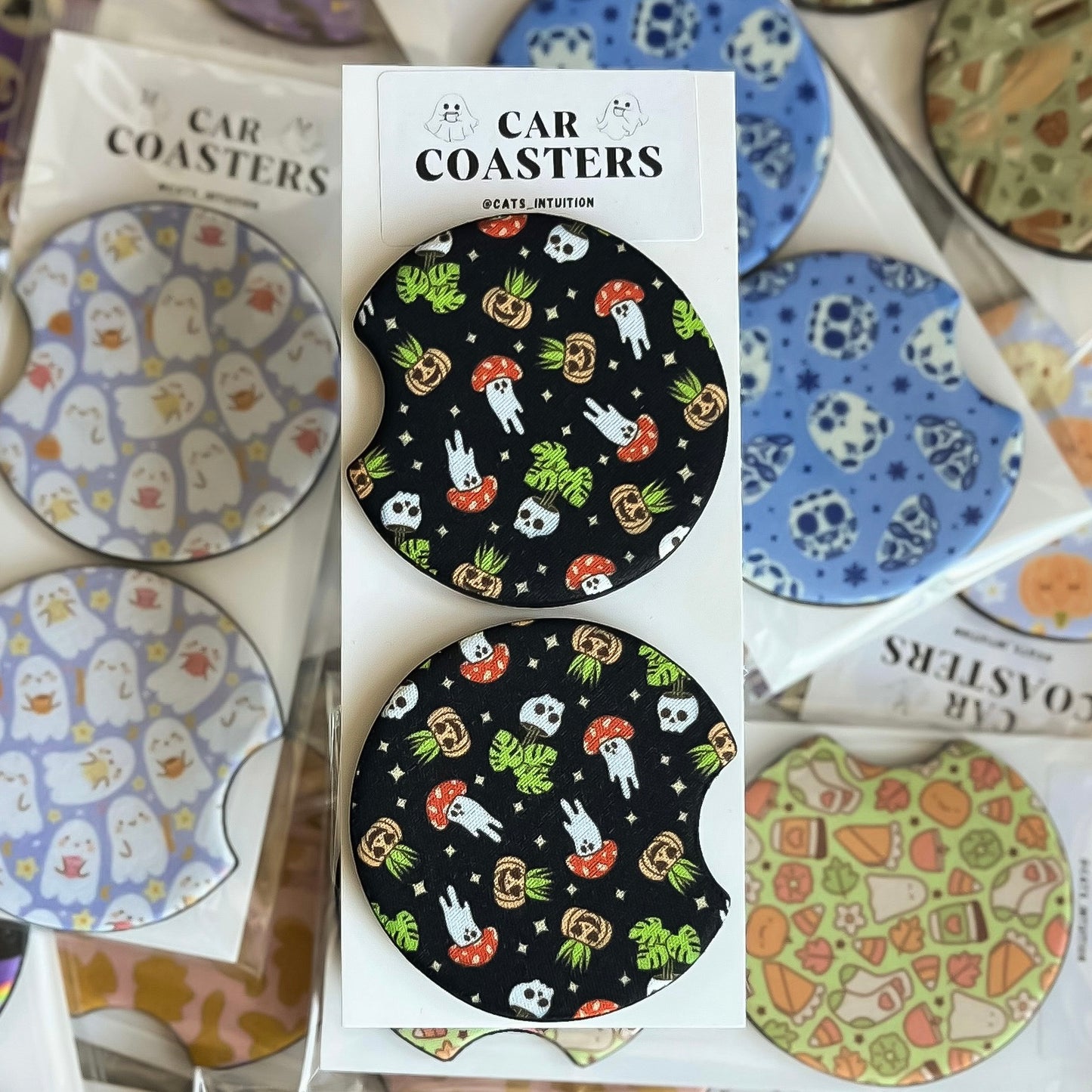 Spooky Plants and Mushroom Ghosts - Car Coasters (Black)