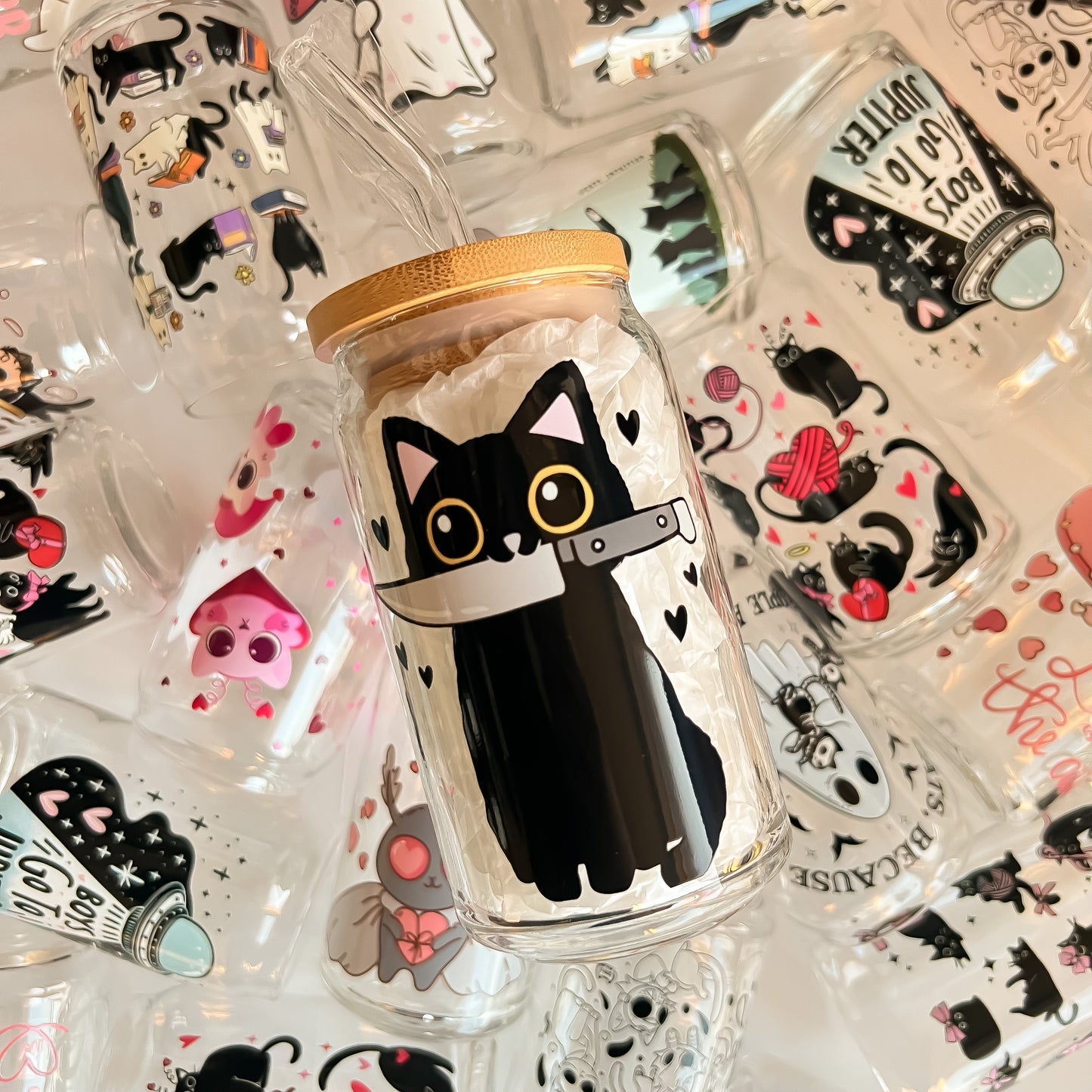 Black Cat w Knife - 16oz Cup with Clear Straw and Bamboo Lid