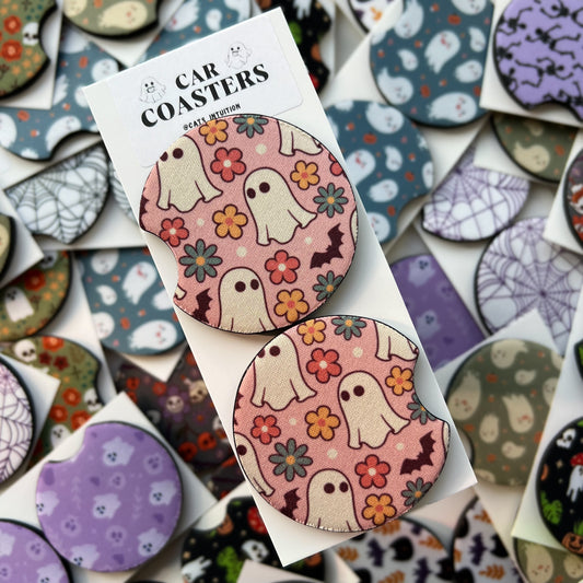 Spring Ghosts and Flowers - Car Coasters (Pink)