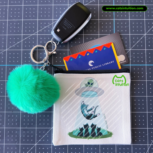 Cat Abduction – Coin/Card Pouch Keychain w/ Green Pompom