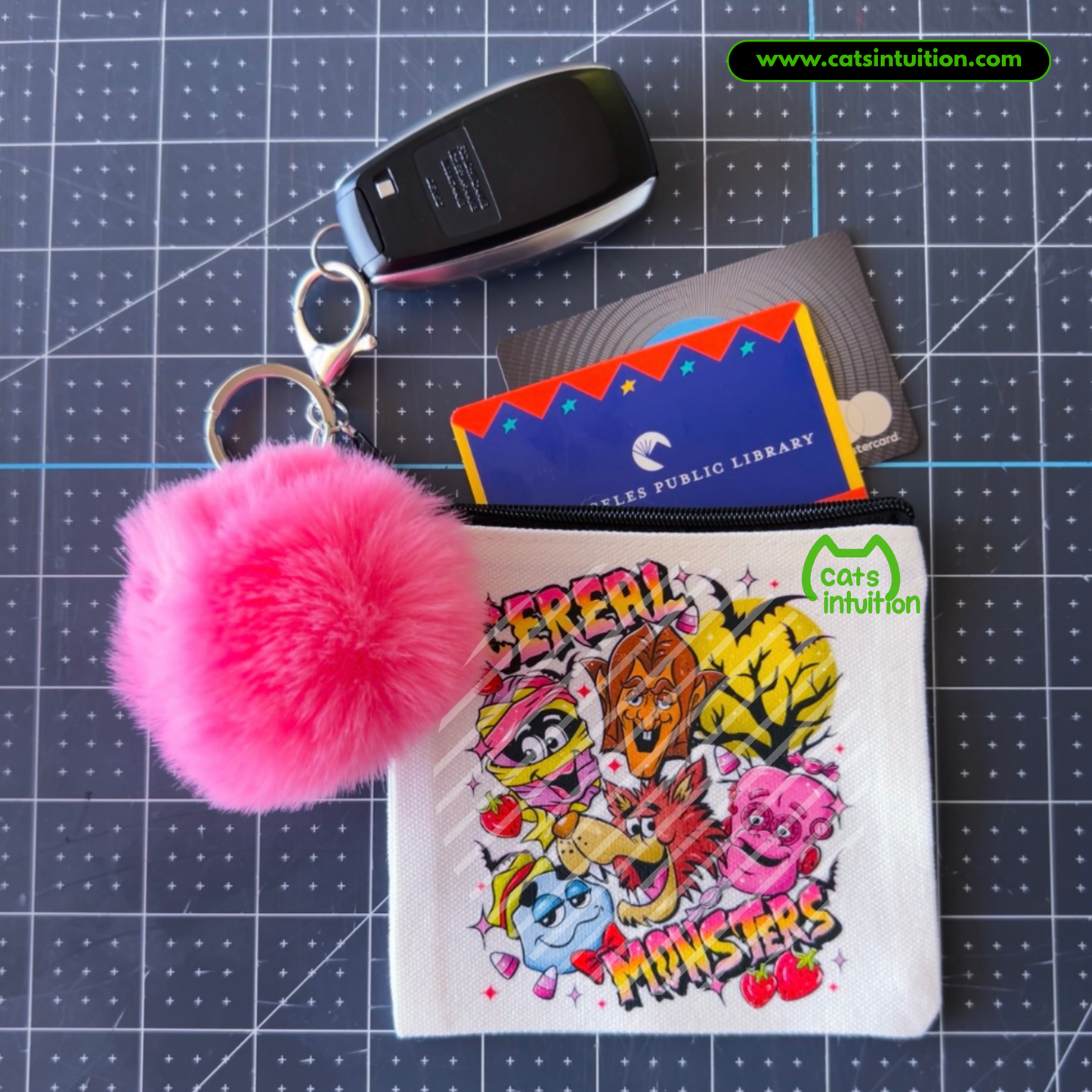 Cereal Monsters – Coin/Card Pouch Keychain w/ Pink Pompom