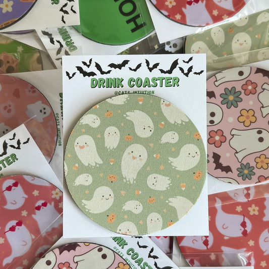 Cute Spring Ghosts (green) - Drink Coaster