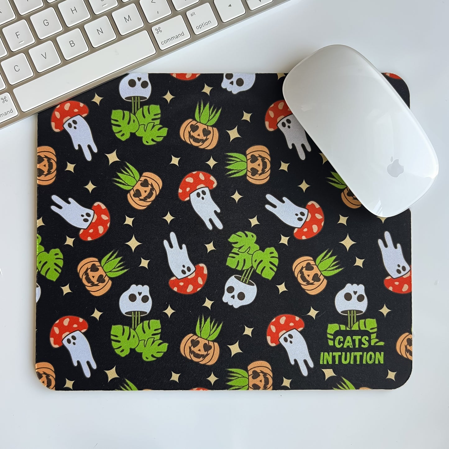 Spooky Plants and Ghost Mushrooms (Black) - Mouse Pad