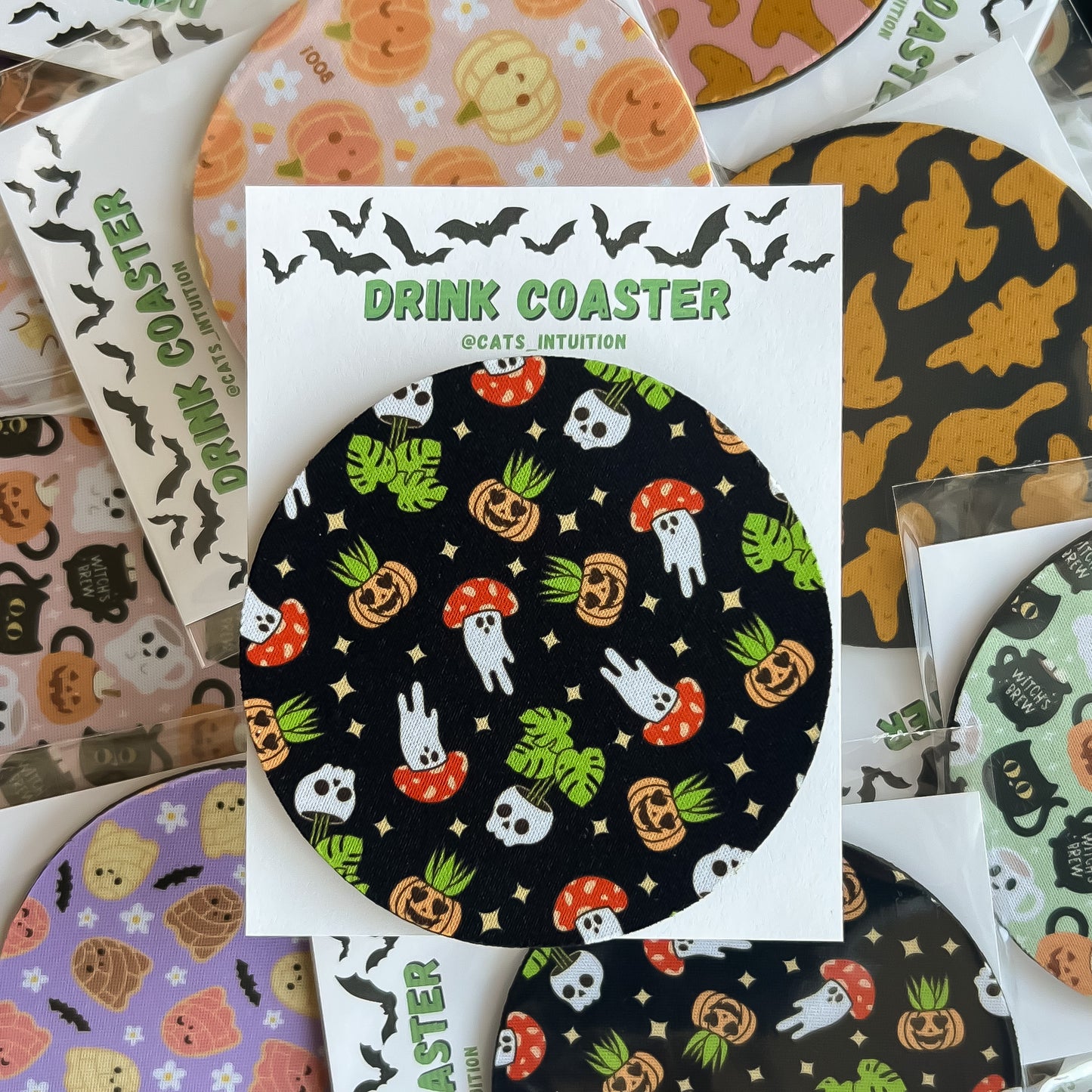 Spooky Plants and Mushroom Ghosts (Black) - Drink Coaster