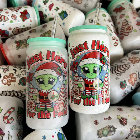 Holiday Alien - Glass Cup (Includes green lid and plastic straw)